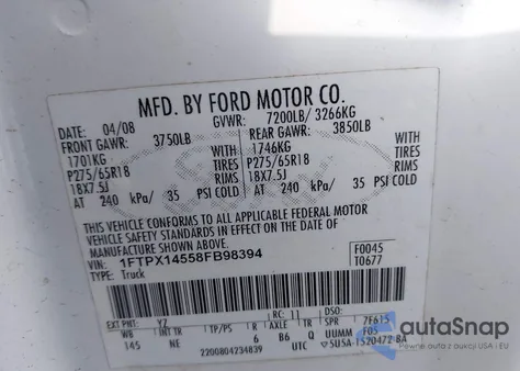 2008 Ford F-150 Fx4/Lariat/Xl/Xlt z USA, uszkodzony, nr VIN 1FTPX14558FB98394